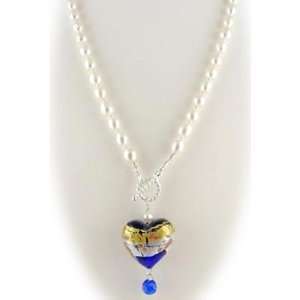   Glass Heart Freshwater Pearl Lariat Sterling Silver Necklace: Jewelry
