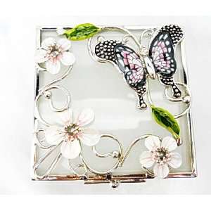  NEW Glass and Metal Trinket Box with Pink Black and White 