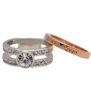 Double Crystal Love Silver and Rose Tone Stackable Ring 