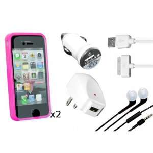   for iPhone 4G 4GS w/ Pink Silicone Case and Handsfree Earphone Headset