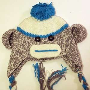 Crochet Baby blue sock monkey Hat in spring color 1 3 year old toddler 