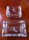 VINTAGE HEAVY glass ash tray & cigarette holder set  hand painted 