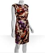 style #315637201 cocoa multi floral print stretch silk draped sheath 