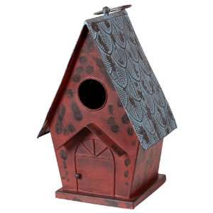   Imports Metal Red Distressed Decorative Bird House with a Blue Roof