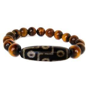  9 Eyed Dzi Bead Bracelet with Tigers Eye Crystal Beads 