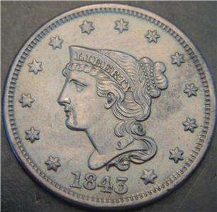 1843 Large Cent   Hair on Forehead & Over Ear Still Show Details 