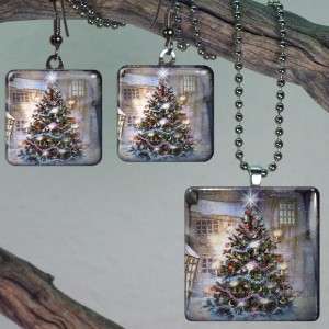 Christmas Tree Glass Tile Pendant Earrings Set 596  