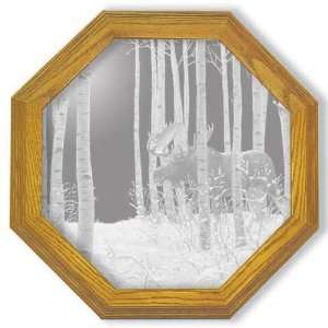   : Etched Mirror Moose Art in Solid Oak Octagon Frame: Home & Kitchen