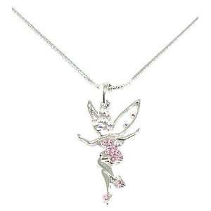   Pink Crystal Dancing Outline Fairy Charm Necklace Silver Tone Jewelry