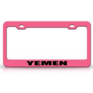 YEMEN Country Steel Auto License Plate Frame Tag Holder, Pink/Black