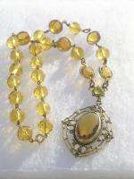 DECO OPEN BACK CITRINE AMBER GLASS & CRYSTAL DROP NECKLACE  