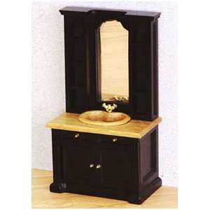  Dollhouse Miniature Oak & Black Bath Sink Cabinet 