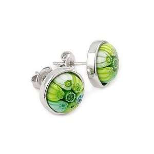   Sterling Silver Green Millefiori Murano Glass Stud Earrings: Jewelry