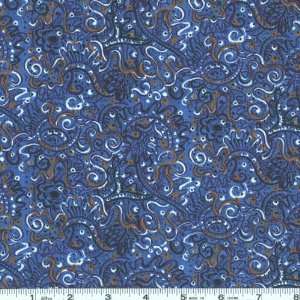  45 Wide Fantasy Floral Dotted Swirls Blue Fabric By The 