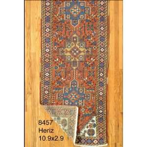    2x10 Hand Knotted Heriz Persian Rug   29x109