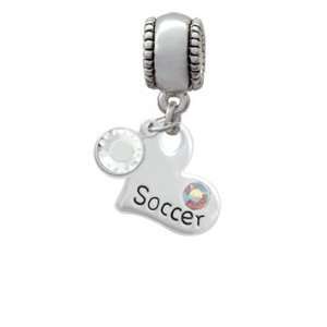 : Silver Heart with Soccer and AB Swarovski Crystal Charm European 