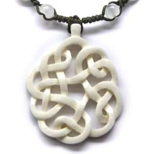  Celtic Braided Knot Carved Bone Pendant With Jade Stone 