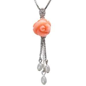 Red Coral Rose Cultured Pearl Tail Platinum Overlay CAREFREE Sterling 