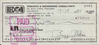 Buzz Aldrin signed cancelled check (9/15/85)  