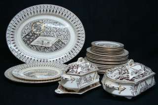 BROWN TRANSFERWARE DINNER SERVICE for SIX ~ CANTERBURY 1883  