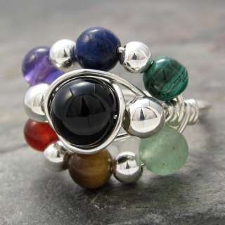 Chakra Multi Stone Sterling Silver Wire Wrapped Bead Ring ANY size 