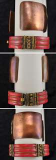 Vintage Bracelets Pink Glass Mexican Brass Cuff c1950  