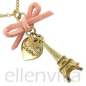   Eiffel Tower Pink Bow Heart Pendant Necklace Jewelry Gold Tone ne670pk