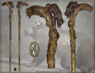 TOP ART AUTHORS GRIZZLY BEAR HANDLE CARVED OAK WOOD WALKING STICK CANE 