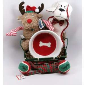  Holiday Dog Gift Basket Ceramic Bowl, Toys & Tug Pet 