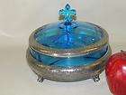   VICTORIAN AESTHETIC SILVER PLATED BLUE GLASS FRENCH FLEUR DE LIS BOWL