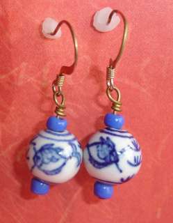   blue and white porcelain drop pierced earrings vintage french wires