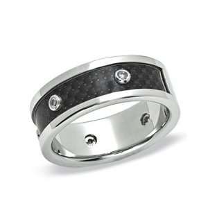 Mens Cubic Zirconia Stainless Steel Band with Carbon Fiber Inlay 