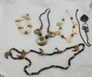 Lot of 5 Vintage Tribal Type Necklaces Silver & Gold Tone Ox Bone 
