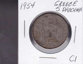 1954 Greece 5 Drachma World Coins  