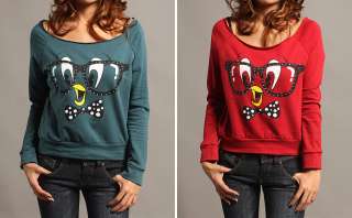   Print w.Stud Off Shoulder SWEAT SHIRTS Cropped Boatneck TEE Top  