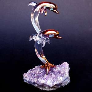 Dolphins Figurine of Blown Glass Amethyst Crystal Gold  