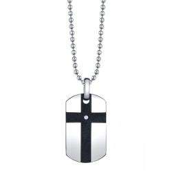 Stainless Steel Cubic Zirconia Black Cross Dog Tag Necklace 