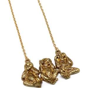  Three Wise Monkeys Charm Necklace   Gold 