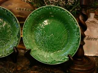PAIR of Antique English Green Majolica Leaf Vine PLATE Pottery ~ TWO 