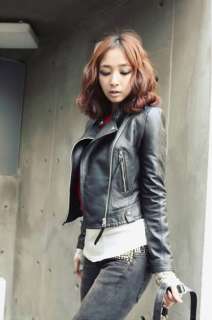 Women Korean Faux Leather Zipper Decorated Slim Soft Jacket Black K062 