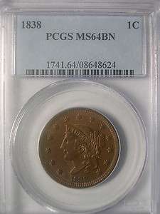 1838 Coronet Head large cent, PCGS MS64BN  