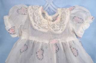 Darling Vintage WHITE ORGANZA DOLL DRESS w PINK HEARTS 1940s 1950s 