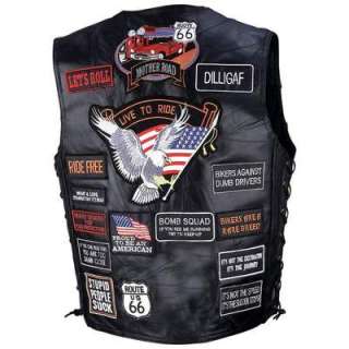 Leather Biker Motorcycle Vest w/42 Patches, USA, NEW  