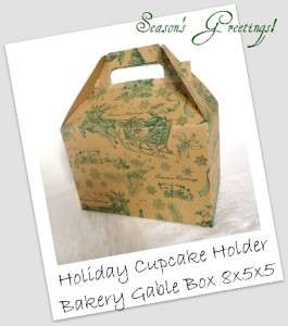 10 Christmas Toile Cupcake Holders Bakery Gable Box Green 8x5x5 Santa 