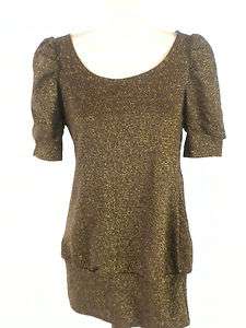 Brown Gold Sparkle Dressy Shirt Blouse Open Back M  