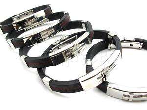 5PCS Mens Silver Cross Stainless Steel Rubber Bracelet  