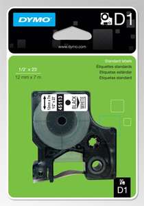   D1 Label Cassette 1/2 x 23 Black Print White Tape Labeling 45113