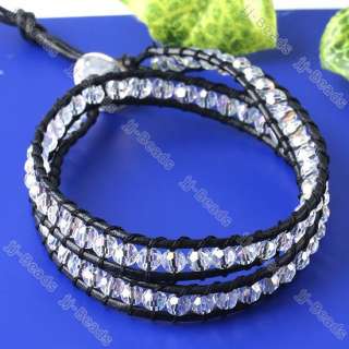 1P Hand Made Knit Leather 4mm Crystal Glass Bead Wrap Bracelet Fashion 