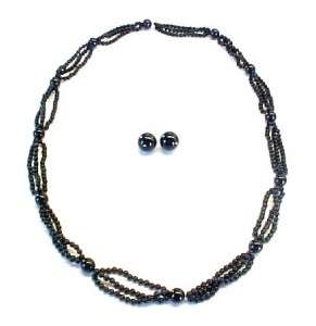 Black Onyx Multi Strand Beaded Necklace with Dangle Ball Earrings 