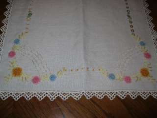 VINTAGE EMBROIDERED FRENCH KNOTS LACE TRIM TABLE RUNNER DOILIE 16 X 